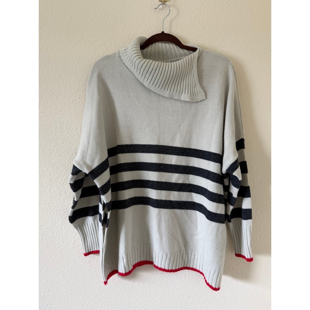 Mersea Marina Gray Navy Striped Funnel Neck Oversized Knit Sweater Sz OS Costal